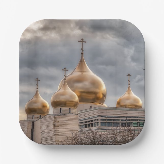 Sunset on Russian Orthodox Cathedral in Paris Paper Plate (Front)