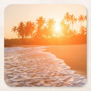 Sunset on the Beach with Coconut Palms   Sri Lanka Square Paper Coaster