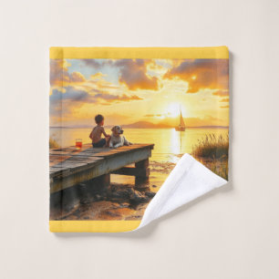 Sunset on the dock on the lake bath towel set
