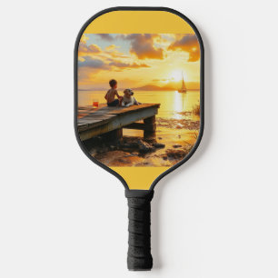 Sunset on the dock on the lake pickleball paddle