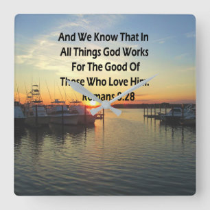 SUNSET ON THE LAKE ROMANS 8:28 SCRIPTURE SQUARE WALL CLOCK