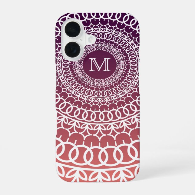 Sunset Orange and Violet Mandala Monogram iPhone 16 Case (Back)