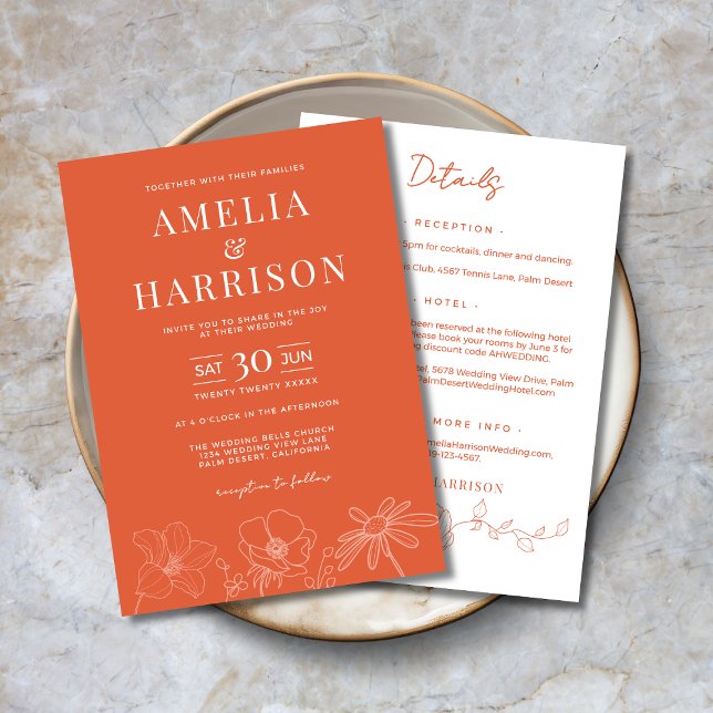 Sunset Orange Elegant All In One Wedding Invitation (Sunset Orange Elegant All-In-One Floral Wedding Invitation with Wedding Details on the Back.)