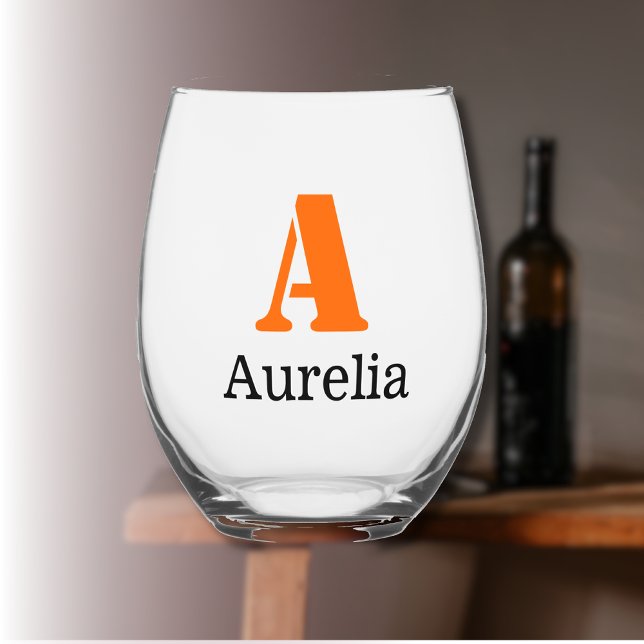 Sunset Orange Elegant Initial Black Name | Modern  Stemless Wine Glass (Creator Uploaded)
