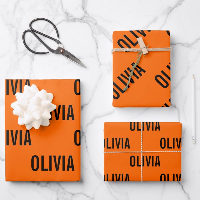 Sunset Orange Modern Name | Trendy Minimalist  Wrapping Paper Sheet (Front)