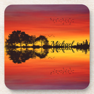 Sunset orange red black silhouette guitar name coaster