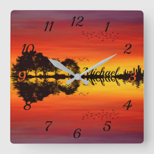 Sunset orange red black silhouette guitar name  square wall clock