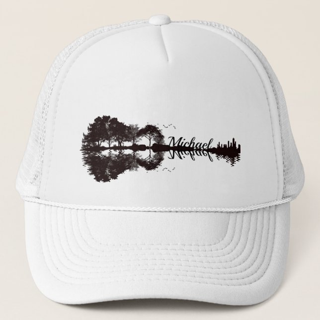Sunset orange red black silhouette guitar name  trucker hat (Front)