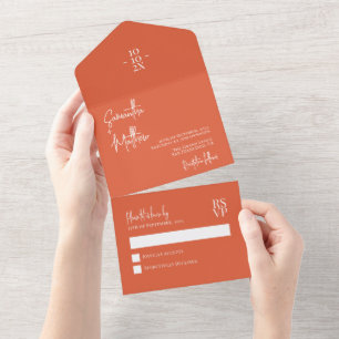 Sunset Orange Simple Modern Minimalist Wedding All In One Invitation