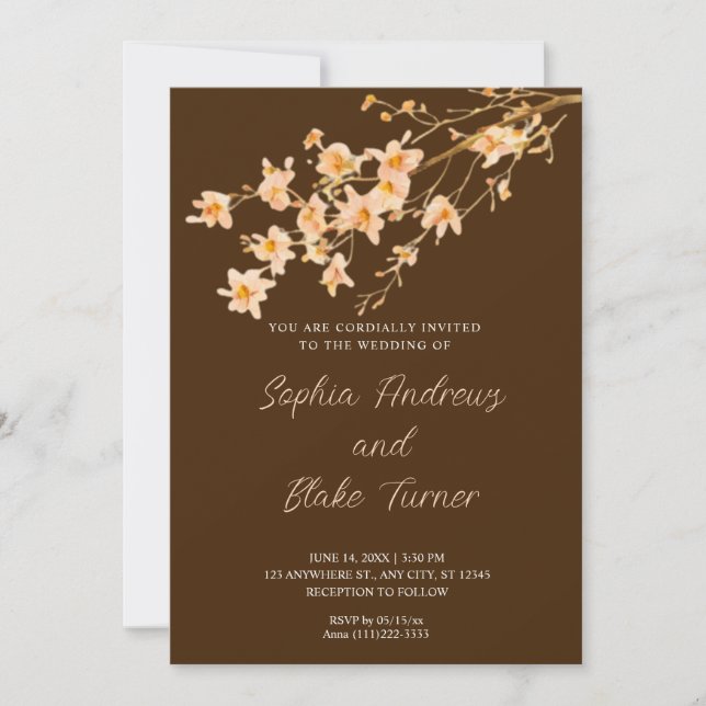 Sunset Orange Wildflowers Simple Brown Wedding Invitation (Front)