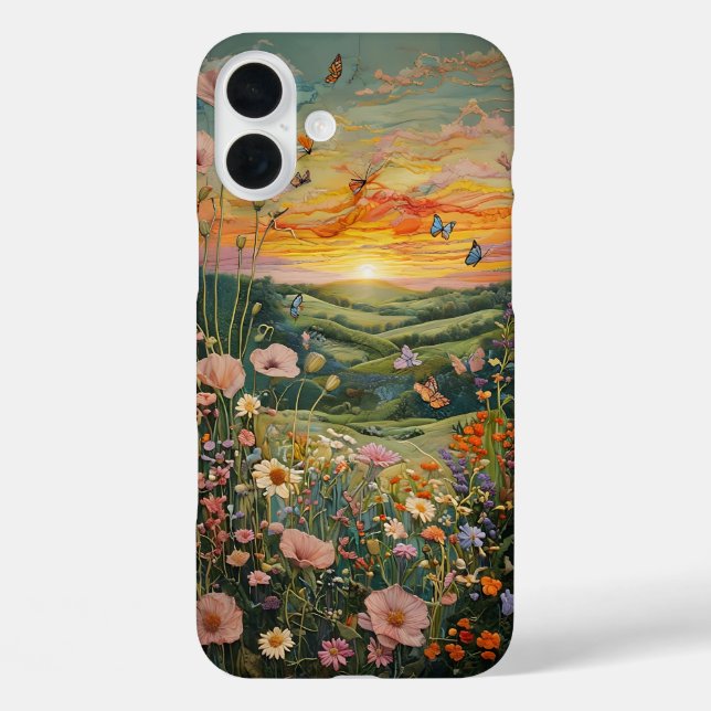 Sunset Over a Flower Meadow with Butterflies Case-Mate iPhone Case (Back)