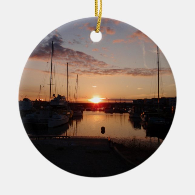 Sunset Over A Marina Ceramic Ornament (Front)