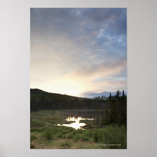 Sunset Over A Misty Pond Poster (Front)