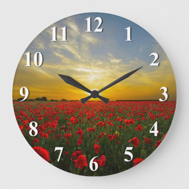 Sunset Over A Red Poppy Field Large Clock (Front)
