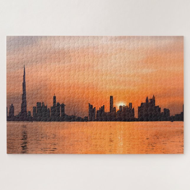 Sunset over a seaside town - watercolor jigsaw puzzle (Horizontal)