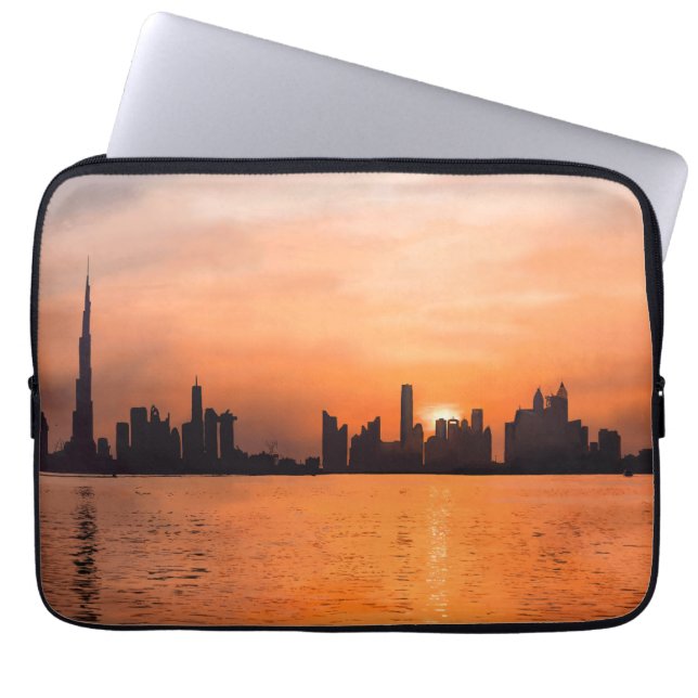 Sunset over a seaside town - watercolor laptop sleeve (Front)