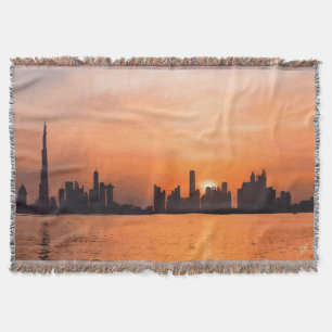 Sunset over a seaside town - watercolor throw blanket