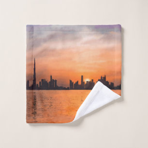 Sunset over a seaside town - watercolor wash cloth