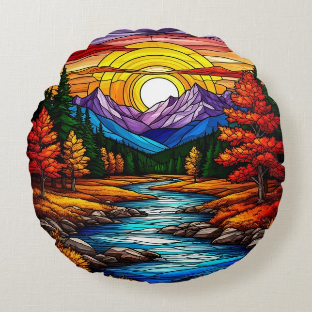 Sunset Over a Serene Mountain Stream Round Cushion (Front)