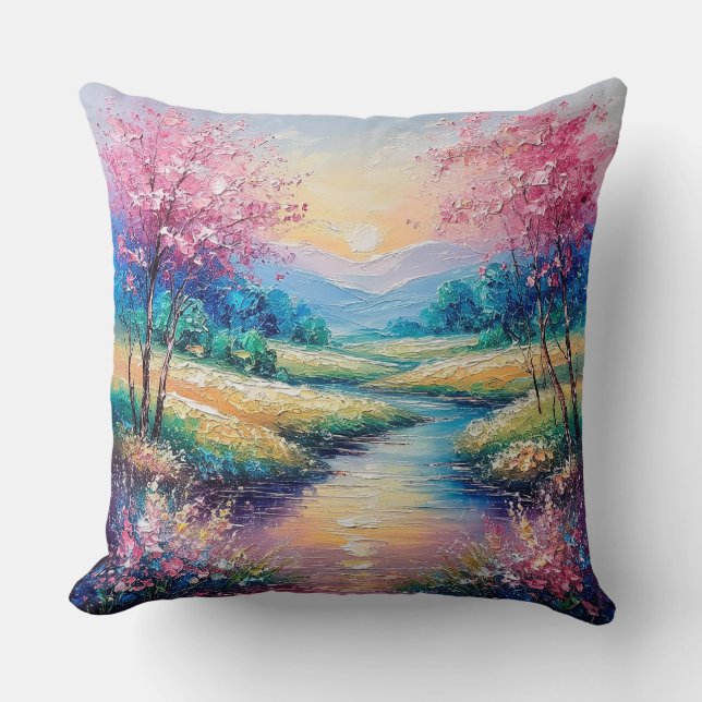 Sunset Over a Serene Stream Cushion (Front)
