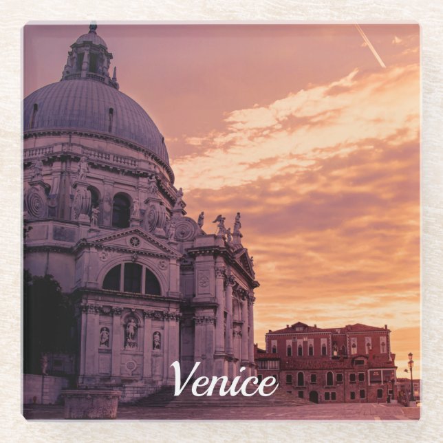 Sunset over Basilica in Venice Glass Coaster (Front)