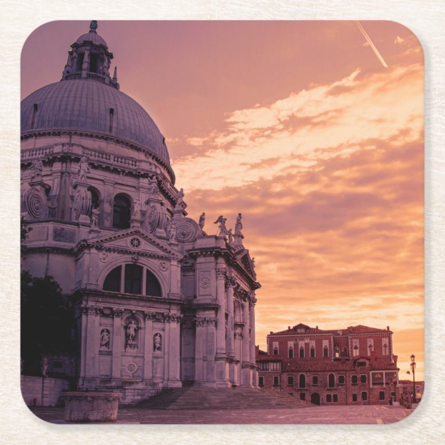 Sunset over Basilica in Venice Square Paper Coaster (Front)