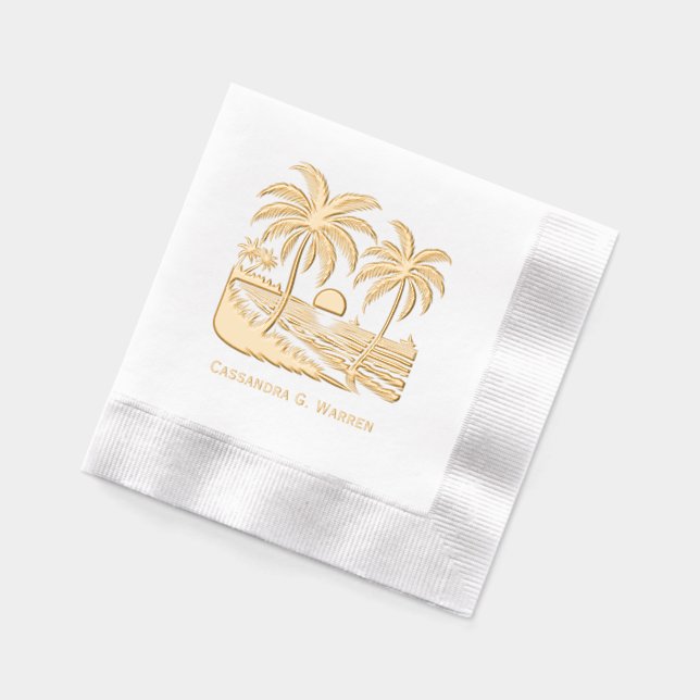 Sunset Over Beach, Palm Trees With Name Foil Napkins (Left)