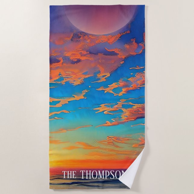 Sunset over beautiful clear blue ocean water beach towel (Front)