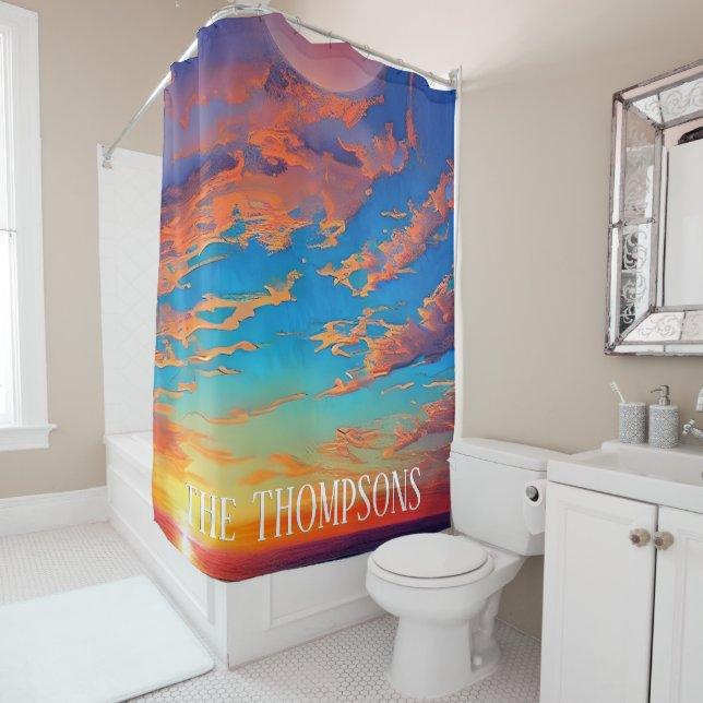 Sunset over beautiful clear blue ocean water shower curtain (In Situ)