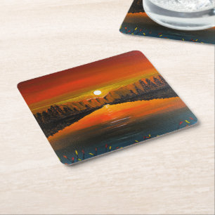 Sunset over Canyon Lake Painting by Alfred Fox Square Paper Coaster