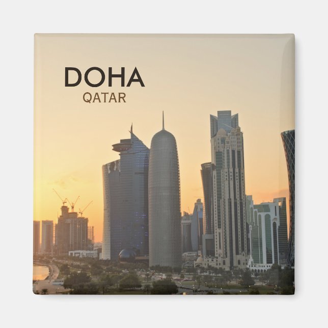 Sunset over Doha, Qatar square text magnet (Front)