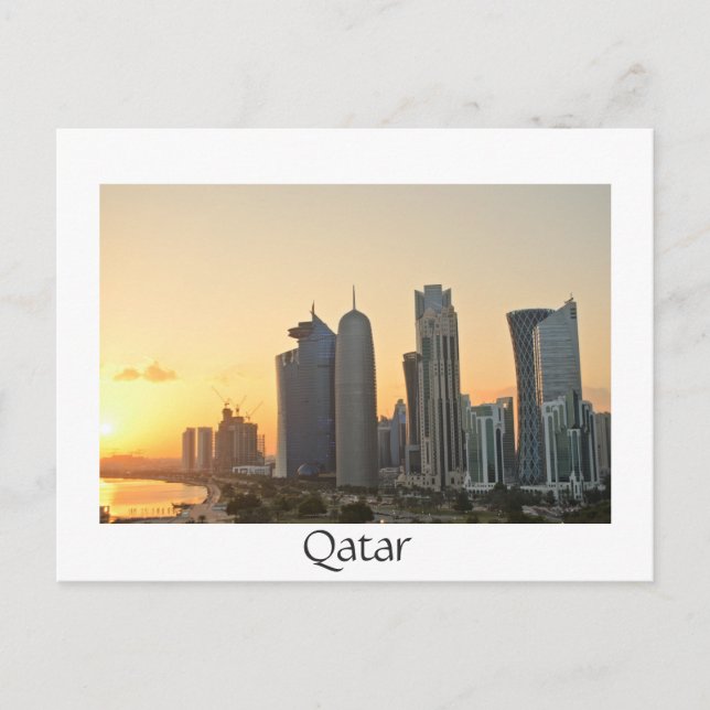 Sunset over Doha, Qatar white text postcard (Front)