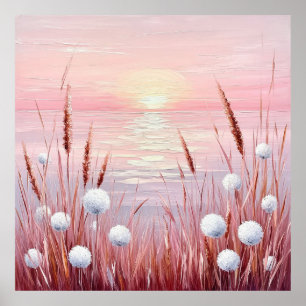 Sunset Over Field of Dandelions Poster
