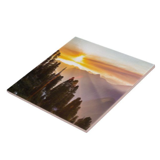 Sunset over forest ceramic tile (Side)