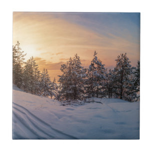 Sunset over frozen snowy forest near sea ceramic tile