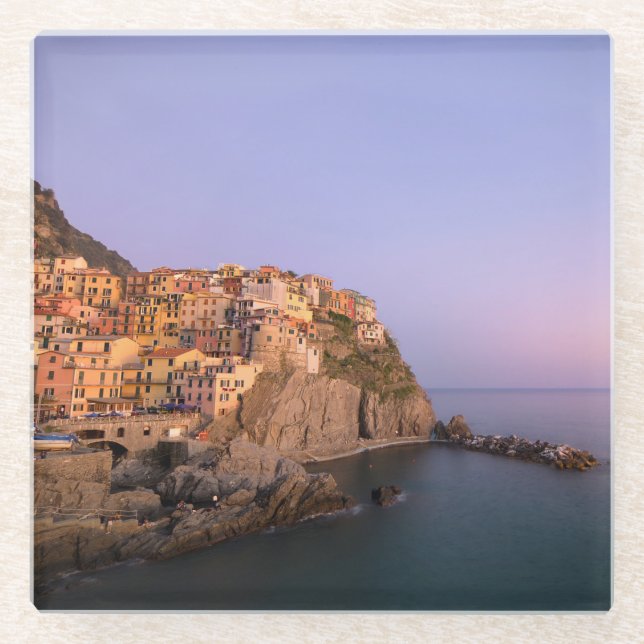 Sunset over Manarola village in Cinque Terre Glass Coaster (Front)