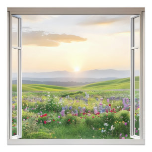 Sunset over Meadow Window View Photo Print