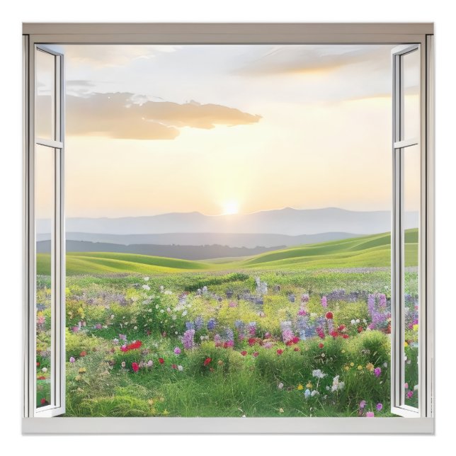 Sunset over Meadow Window View Photo Print (Front)
