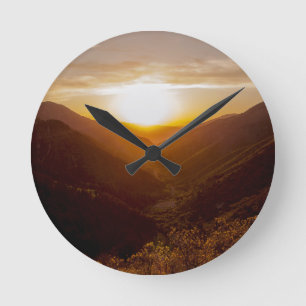 Sunset Over Mountains Landscape Round Clock
