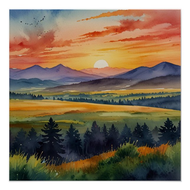 Sunset Over Mountains Watercolor Poster (Front)
