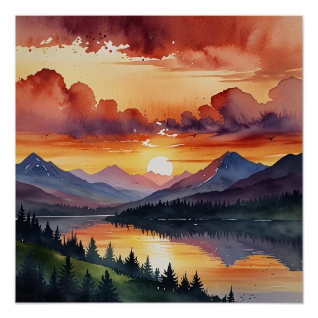 Sunset Over Mountains Watercolor Poster (Front)