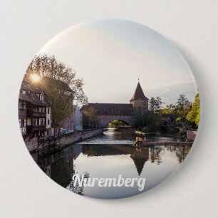 Sunset over old mediaeval bridge in Nuremberg 10 Cm Round Badge