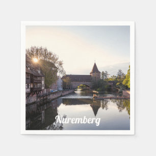Sunset over old mediaeval bridge in Nuremberg Napkin