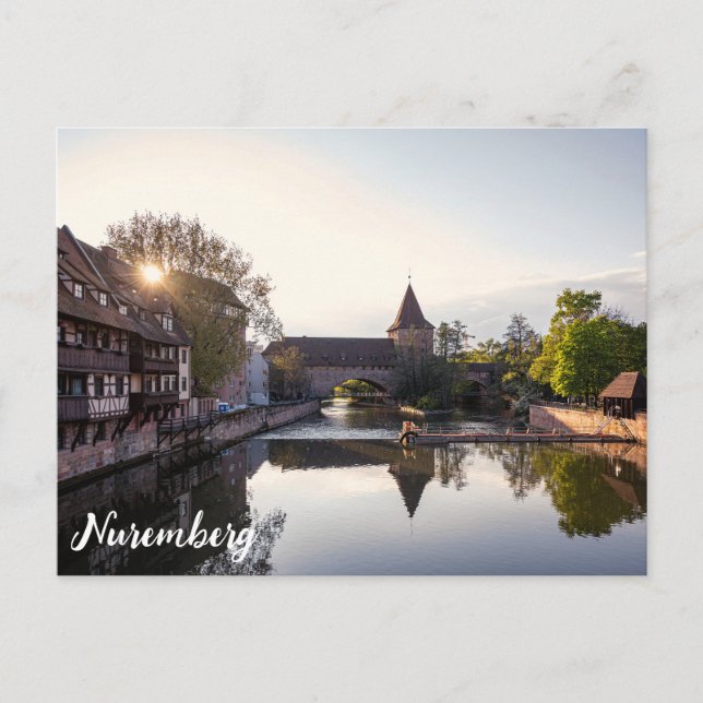 Sunset over old mediaeval bridge in Nuremberg Postcard (Front)