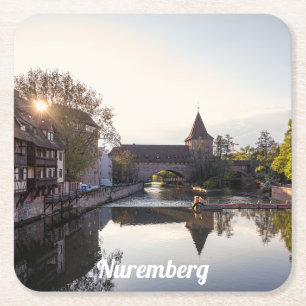 Sunset over old mediaeval bridge in Nuremberg Square Paper Coaster