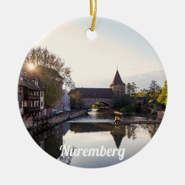 Sunset over old medieval bridge in Nuremberg Ceramic Ornament (Front)