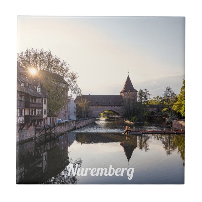 Sunset over old medieval bridge in Nuremberg Ceramic Tile (Front)