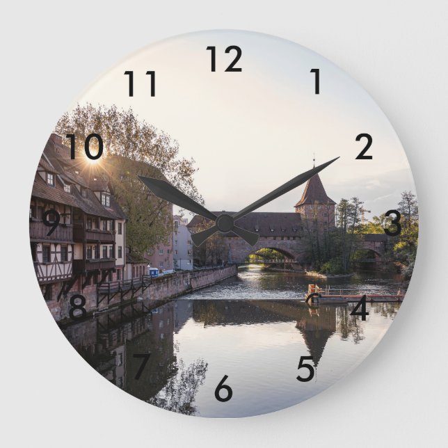 Sunset over old medieval bridge in Nuremberg Large Clock (Front)
