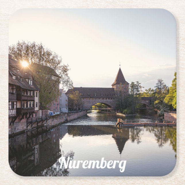 Sunset over old medieval bridge in Nuremberg Square Paper Coaster (Front)