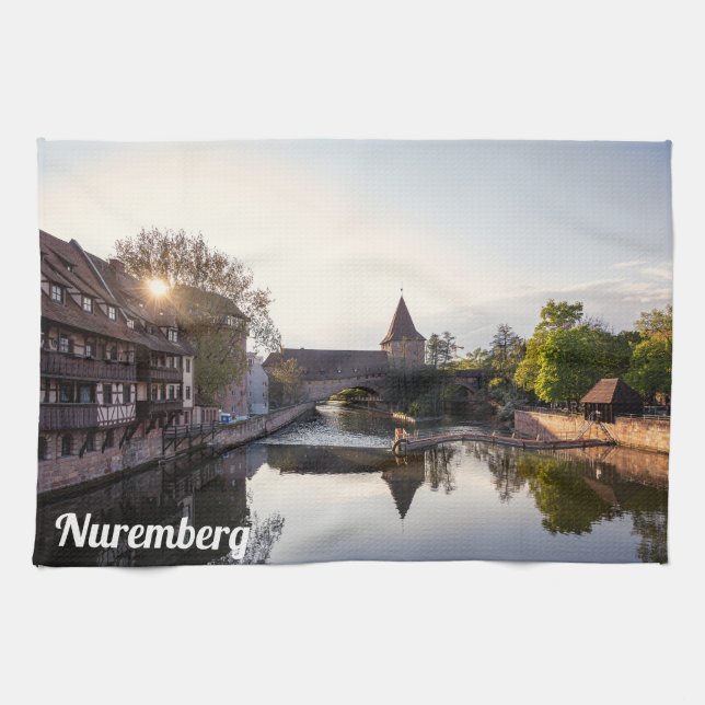 Sunset over old medieval bridge in Nuremberg Tea Towel (Horizontal)